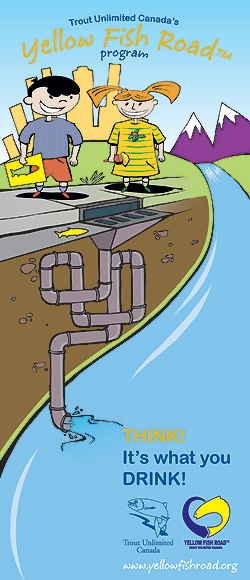 Cartoon of kids over a sewer and words, Think! It's what you drink!