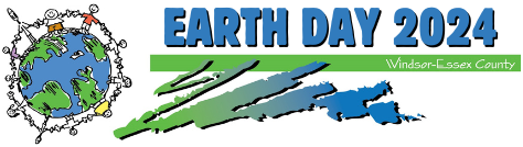 Earth Day Windsor-Essex County 2024 logo with drawing of people holding hands around the globe