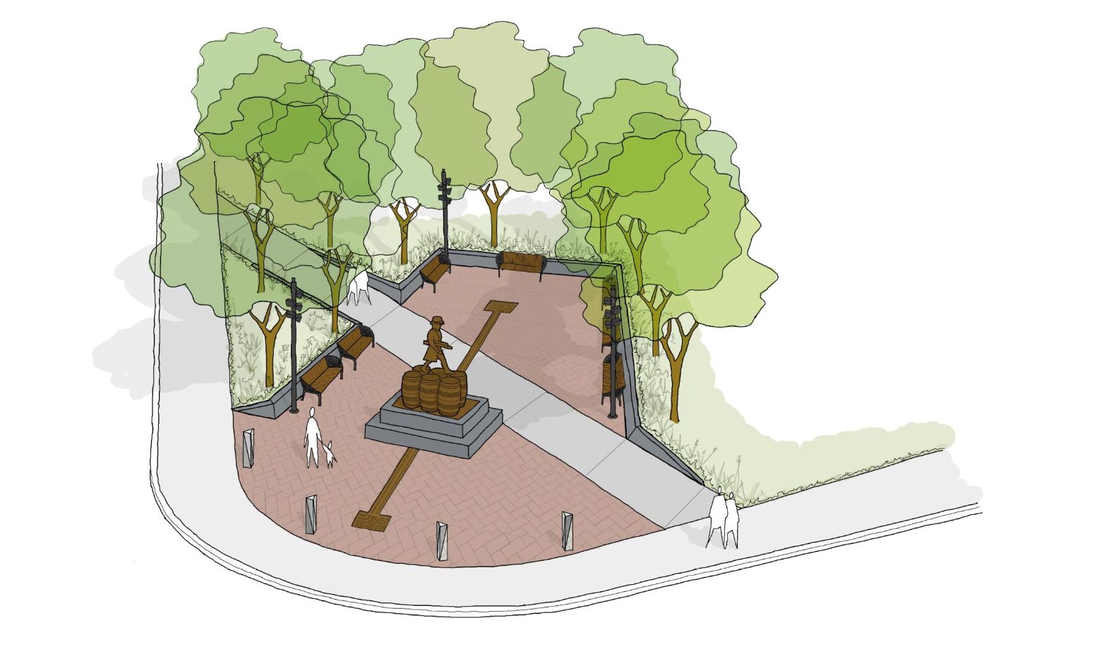 Concept sketch of statue, trees and walkway from above