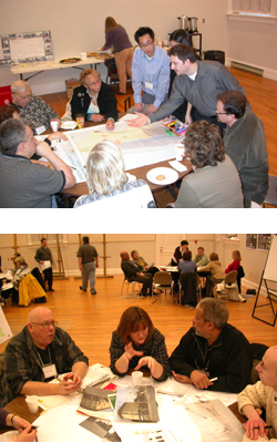 Two images of residents and planners at a public consultation
