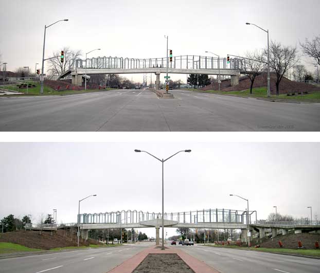 Split screen of north and south views of bridge