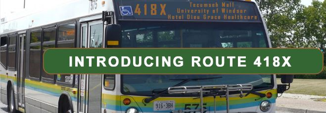 Title, Introducing Route 418X, over image of a Transit Windsor bus