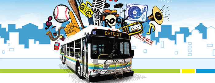 Stylized service-to-Detroit bus with symbols of sports and musical entertainment on top