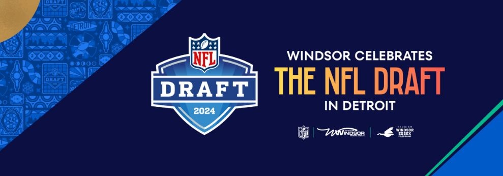 Words, Windsor Celebrates the NFL Draft in Detroit; and NFL Draft, City of Windsor and Tourism Windsor-Essex Pelee Island logos