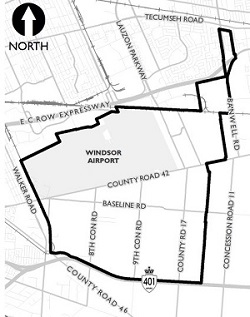 Map of study area, approximately between E.C. Row and Highway 401 and between Walker and Banwell