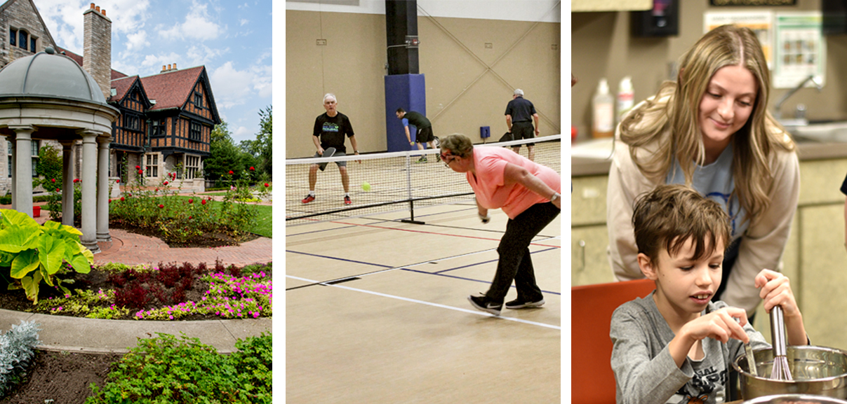 Collage of Willistead Manor, seniors playing pickleball, and a child learning how to cook