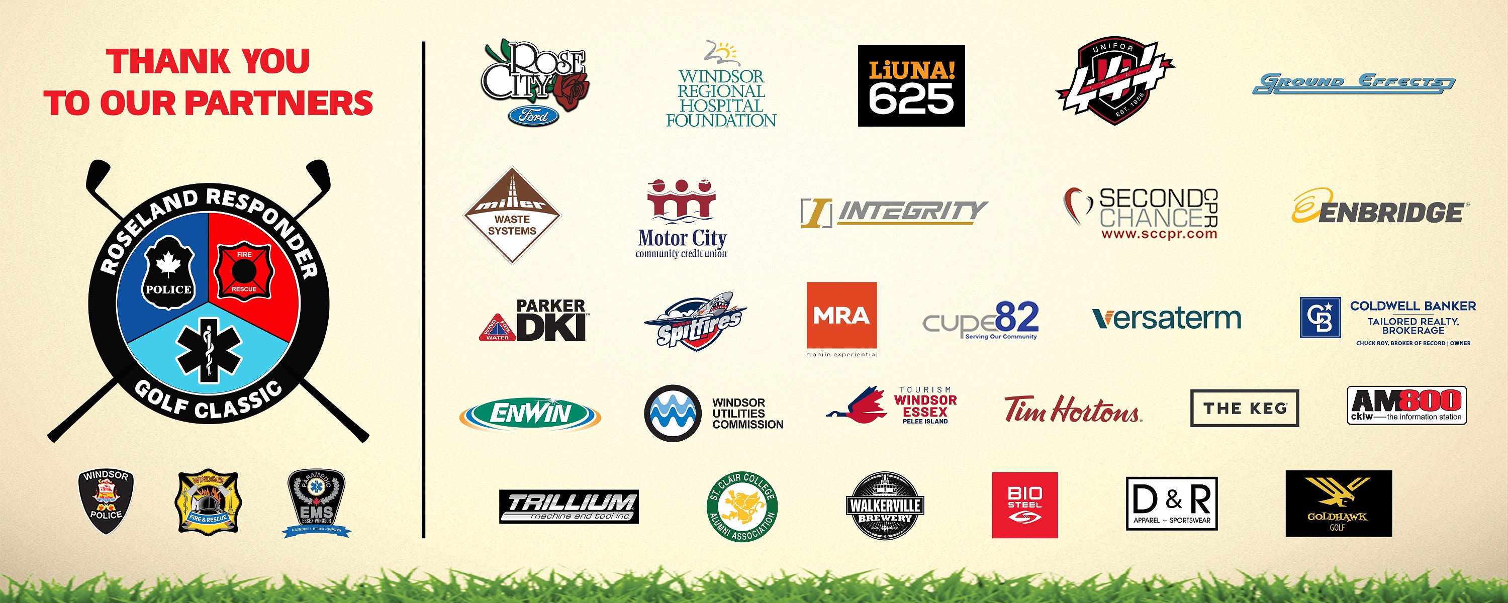 Thank you to our partners, logo of Roseland Responder Golf Classic, with logos of Windsor Police Services, Windsor Fire and Rescue Services and Essex Windsor  EMS.  Logos of sponsors listed in text above image.