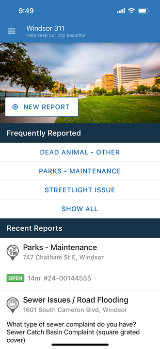 Windsor 311 Mobile App Home Screen