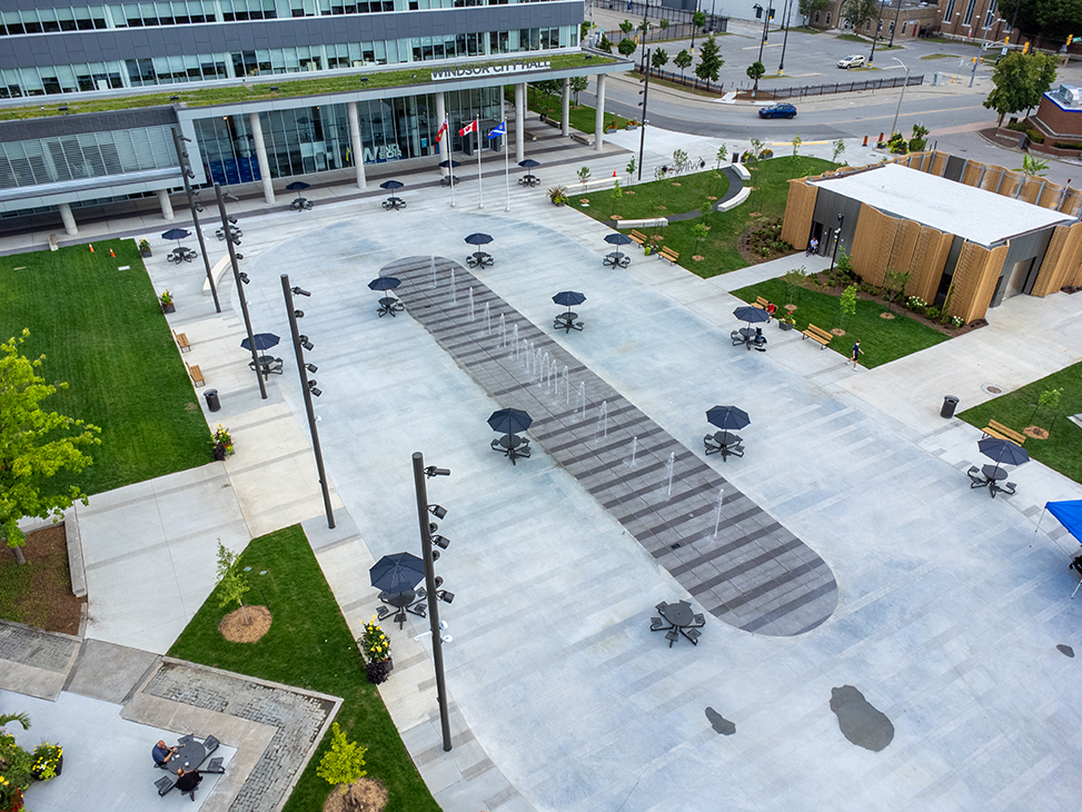 Aerial view of water feature and seating area at City Hall Square