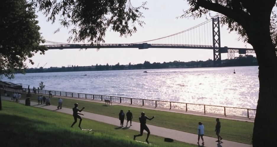 Park visitors enjoying the riverfront pathway and sculpture park with Ambassador Bridge in background