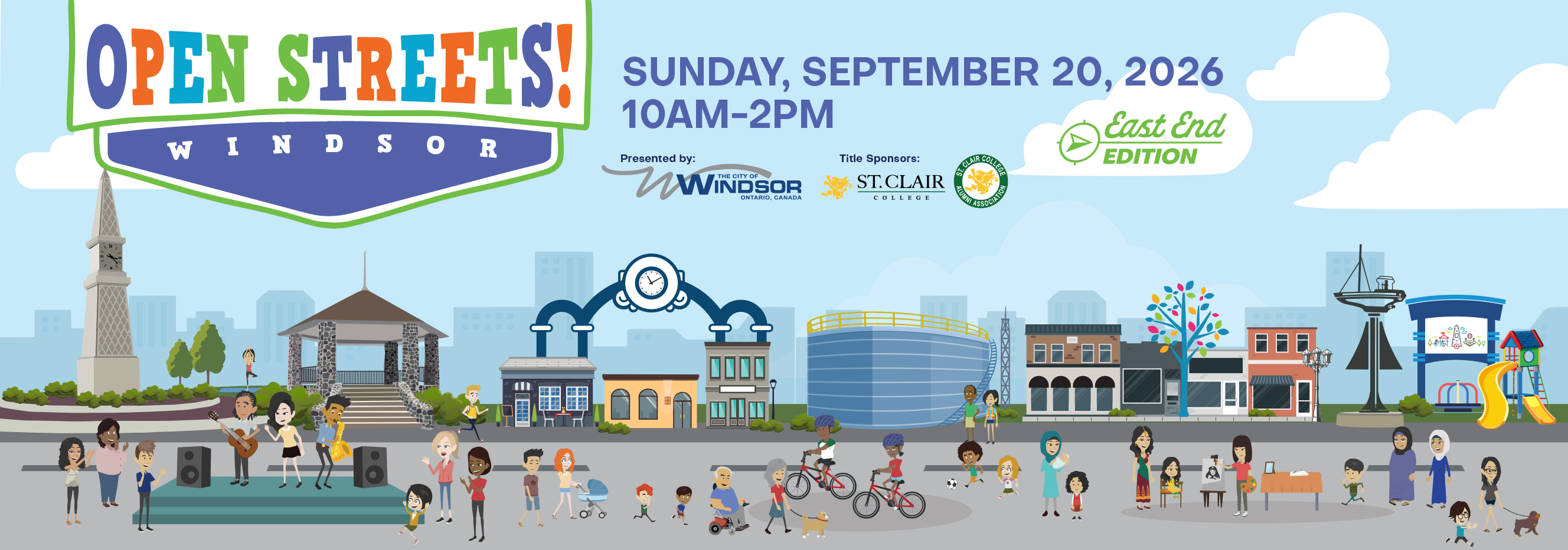 2026 Open Streets Web Words, Open Streets Windsor with cartoon images of people enjoying the streets and activities near landmarks from Via Italia to the Miracle Park