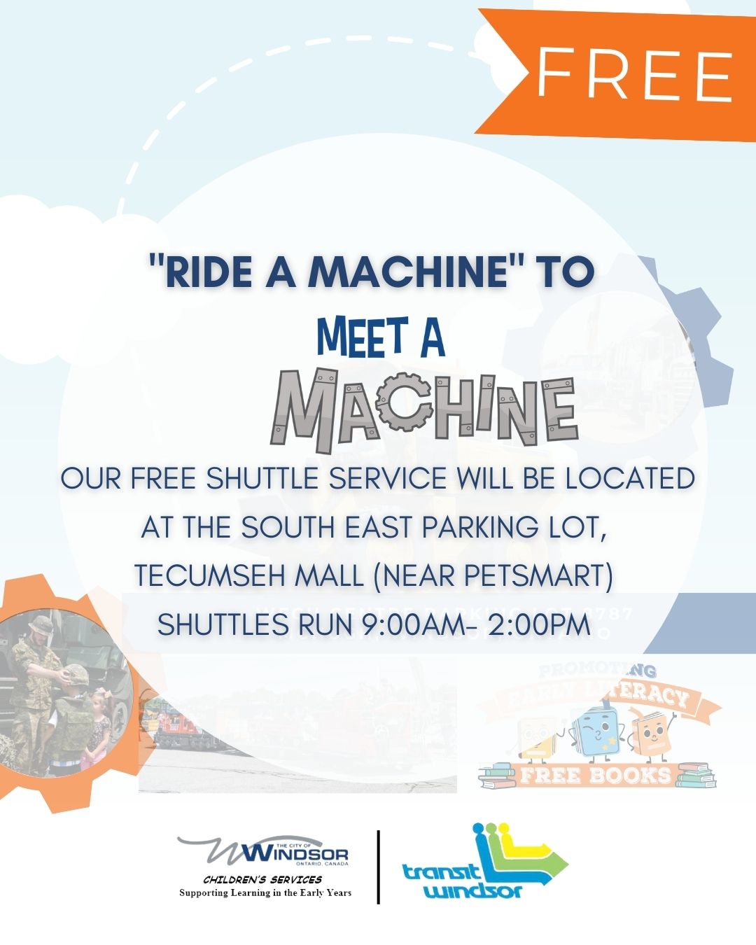 Meet-A-Machine shuttle info, as detailed below, and logos for City of Windsor Children's Services and Transit Windsor