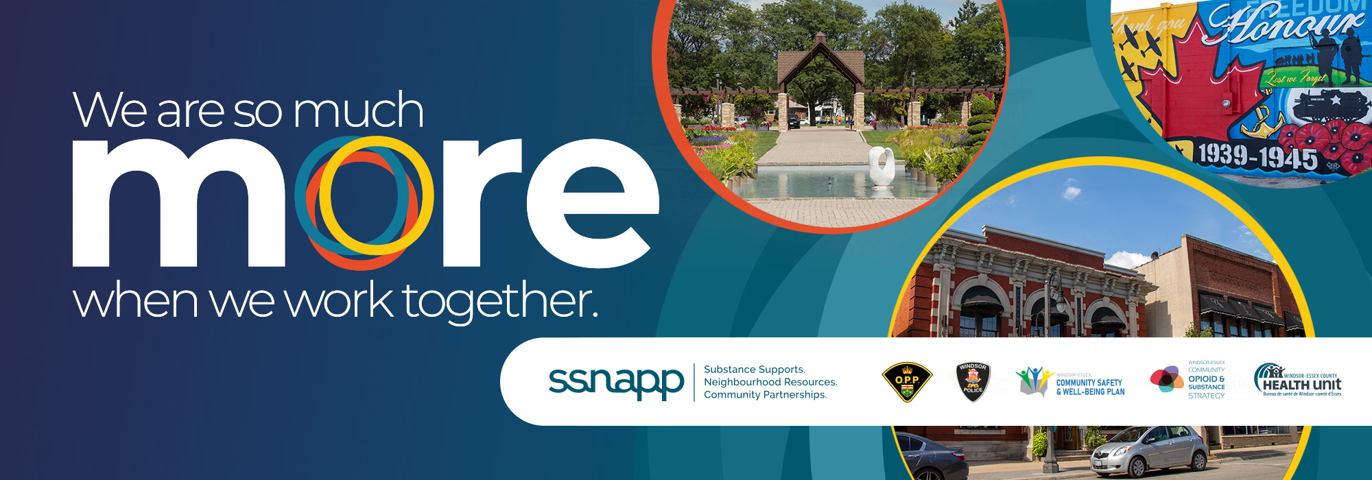 Words, We are so much more when we work together, SSNAPP logo, and images of a park, a World War II mural, and buildings