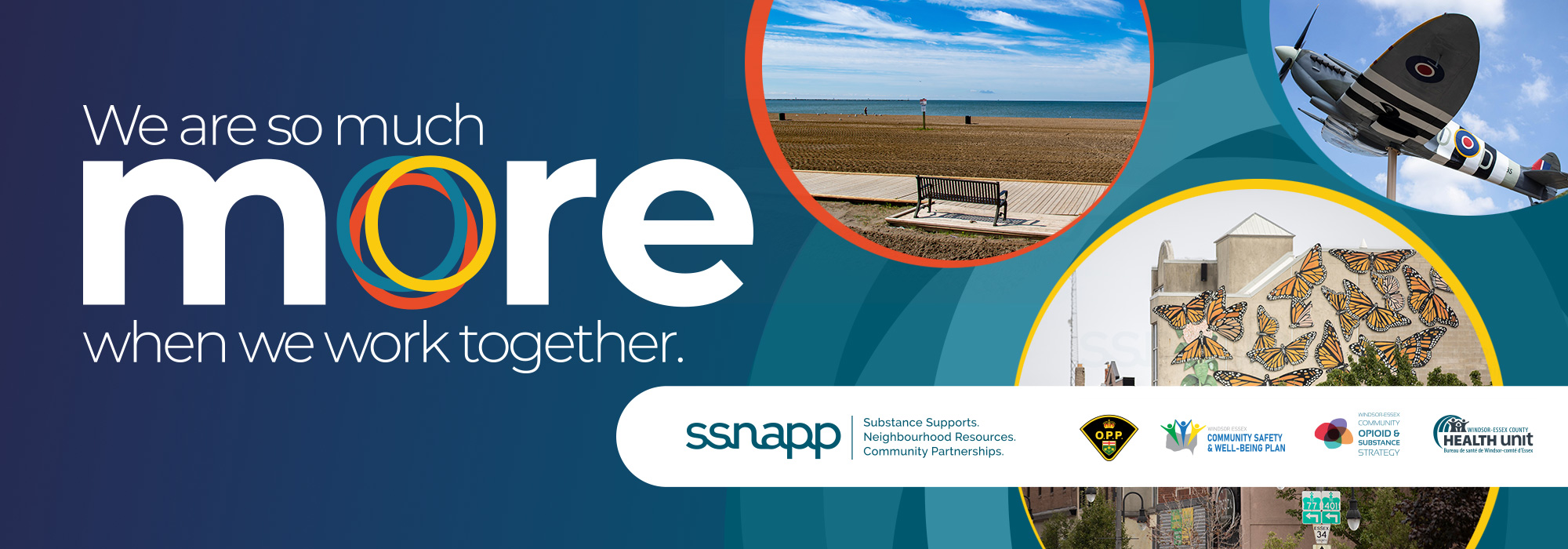 SSNAPP County Banner Words, We are so much more when we work together, SSNAPP logo, and images of a beachfront path, a butterflies mural, and a replica warplane memorial