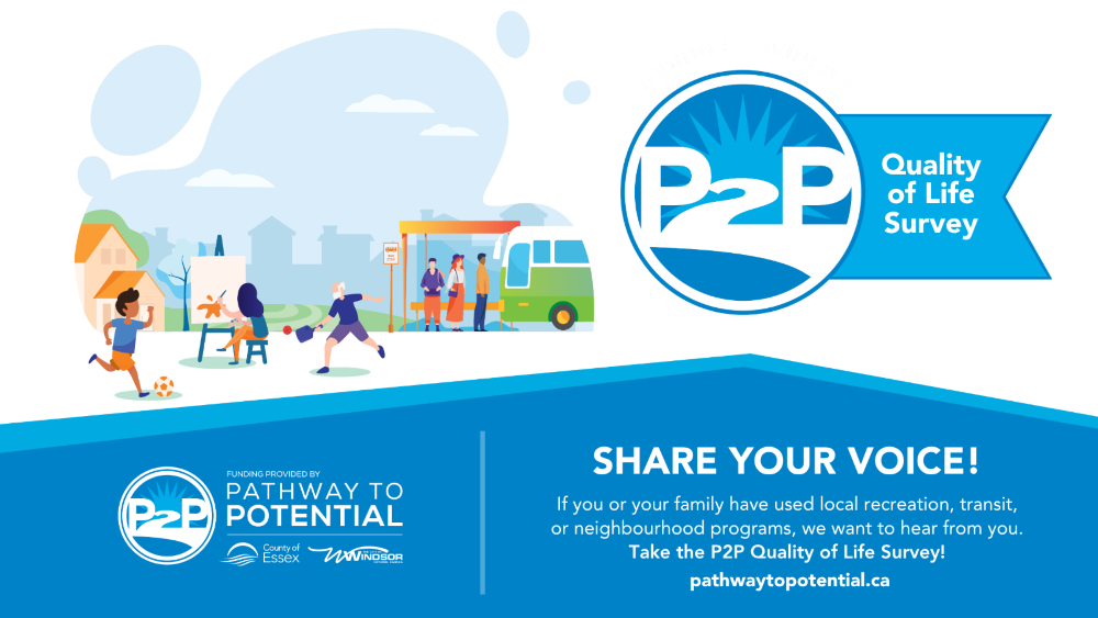 P2P Quality of Life Survey Words, Share your voice. If you or your family have used local recreation, transit, or neighbourhood programs, we want to hear from you. Take the P2P Quality of Life Survey! Image includes drawing of people participating in recreational activities and people waiting for the bus
