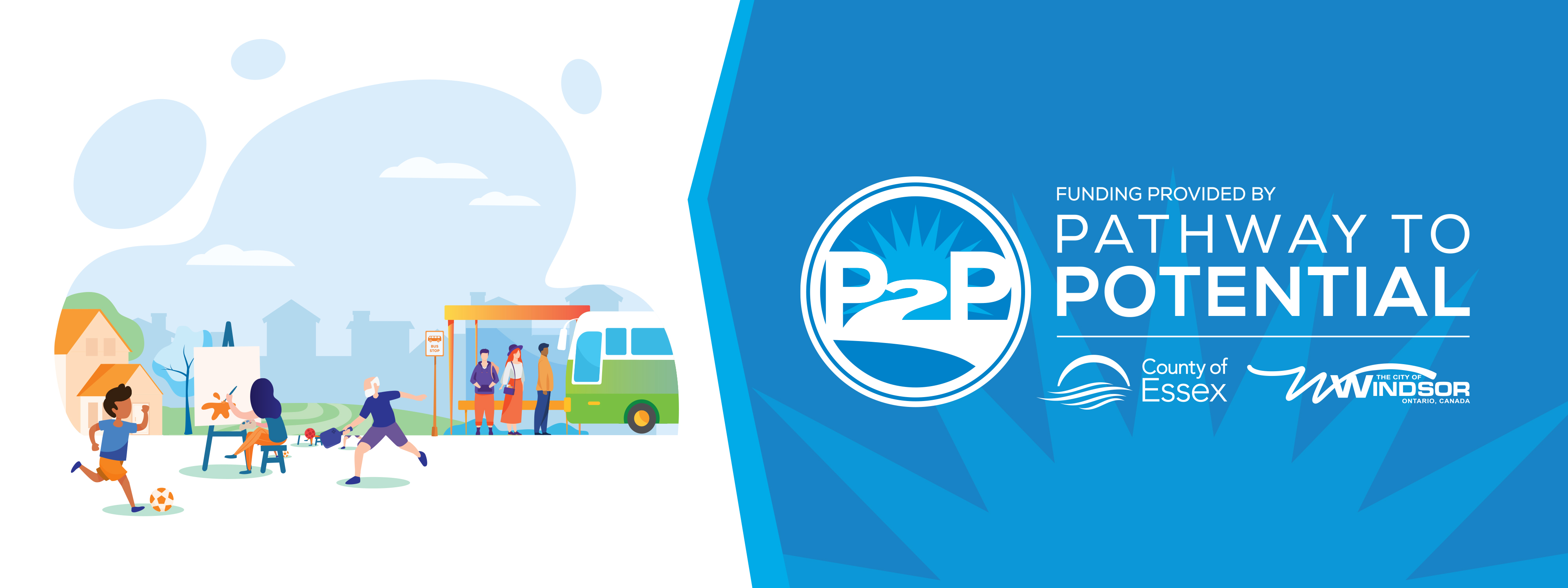 Drawing of individuals participating in recreational activities and waiting for the bus, with P2P, County of Essex and City of Windsor logos