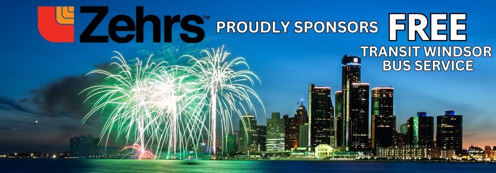 Fireworks on the Detroit River and words, Zehrs proudly sponsors free Transit bus service